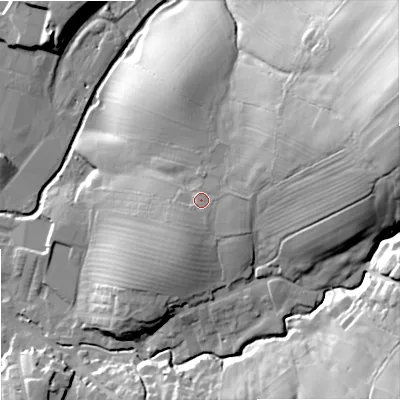 Shaded relief map of the ground around BB186JP, computed from Environment Agency LiDAR. The ground here sits at about 147 m above sea level and falls 52 m across the surrounding 800 m. Surface water reaching this point runs off ground lying to the east, 3.3 m higher.