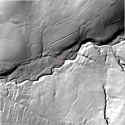 Shaded relief map of the ground around BB186JT, computed from Environment Agency LiDAR. The ground here sits at about 144 m above sea level and falls 77 m across the surrounding 800 m. Surface water reaching this point runs off ground lying to the south-east, 68.6 m higher.