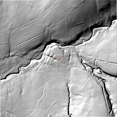Shaded relief map of the ground around BB186JX, computed from Environment Agency LiDAR. The ground here sits at about 162 m above sea level and falls 78 m across the surrounding 800 m. Surface water reaching this point runs off ground lying to the south-east, 42.3 m higher.