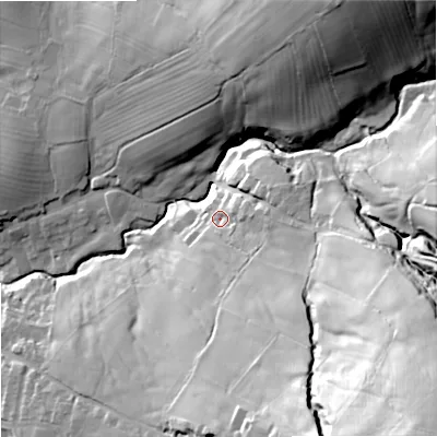 Shaded relief map of the ground around BB186LP, computed from Environment Agency LiDAR. The ground here sits at about 154 m above sea level and falls 83 m across the surrounding 800 m. Surface water reaching this point runs off ground lying to the south-east, 67.0 m higher.