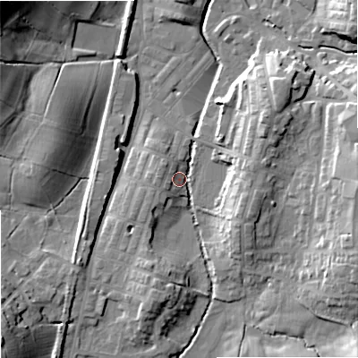 Shaded relief map of the ground around BB186NP, computed from Environment Agency LiDAR. The ground here sits at about 134 m above sea level and falls 25 m across the surrounding 800 m. Surface water reaching this point runs off ground lying to the south-south-west, 7.8 m higher.