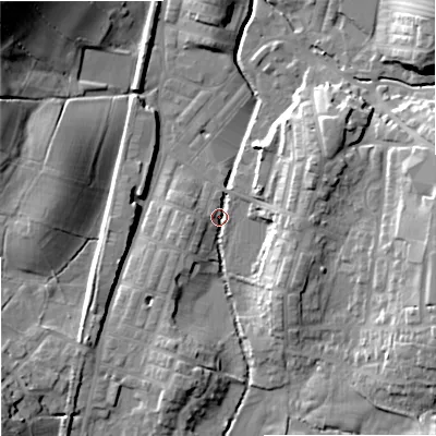 Shaded relief map of the ground around BB186NR, computed from Environment Agency LiDAR. The ground here sits at about 133 m above sea level and falls 27 m across the surrounding 800 m. Surface water reaching this point runs off ground lying to the west-south-west, 5.5 m higher.