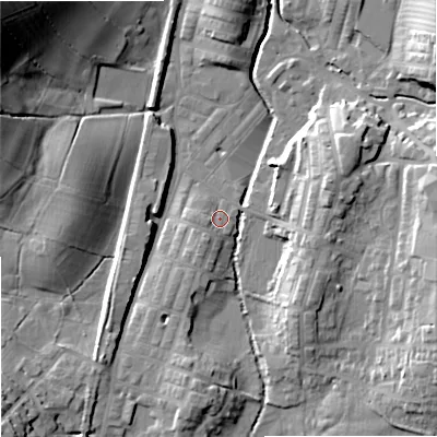 Shaded relief map of the ground around BB186NS, computed from Environment Agency LiDAR. The ground here sits at about 134 m above sea level and falls 32 m across the surrounding 800 m. Surface water reaching this point runs off ground lying to the west-south-west, 2.8 m higher.