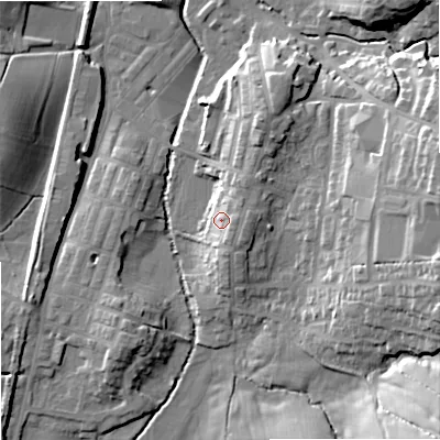 Shaded relief map of the ground around BB186PA, computed from Environment Agency LiDAR. The ground here sits at about 138 m above sea level and falls 26 m across the surrounding 800 m. Surface water reaching this point runs off ground lying to the east, 6.9 m higher.