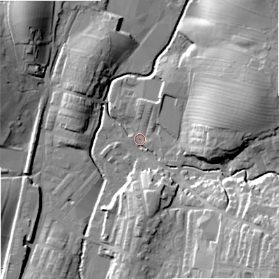 Shaded relief map of the ground around BB186PN, computed from Environment Agency LiDAR. The ground here sits at about 133 m above sea level and falls 29 m across the surrounding 800 m. Surface water reaching this point runs off ground lying to the east-north-east, 16.4 m higher.