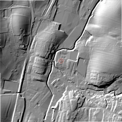 Shaded relief map of the ground around BB186PT, computed from Environment Agency LiDAR. The ground here sits at about 133 m above sea level and falls 26 m across the surrounding 800 m. Surface water reaching this point runs off ground lying to the east, 2.3 m higher.