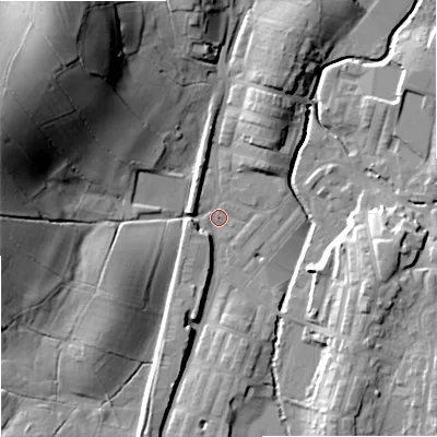 Shaded relief map of the ground around BB186PX, computed from Environment Agency LiDAR. The ground here sits at about 132 m above sea level and falls 41 m across the surrounding 800 m. Surface water reaching this point runs off ground lying to the south-south-west, 6.6 m higher.