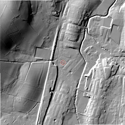 Shaded relief map of the ground around BB186PY, computed from Environment Agency LiDAR. The ground here sits at about 132 m above sea level and falls 40 m across the surrounding 800 m. Surface water reaching this point runs off ground lying to the south-south-west, 6.6 m higher.