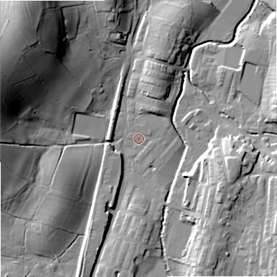 Shaded relief map of the ground around BB186PZ, computed from Environment Agency LiDAR. The ground here sits at about 132 m above sea level and falls 40 m across the surrounding 800 m. Surface water reaching this point runs off ground lying to the north-west, 36.4 m higher.
