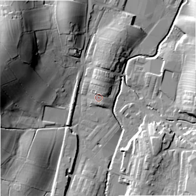 Shaded relief map of the ground around BB186QA, computed from Environment Agency LiDAR. The ground here sits at about 136 m above sea level and falls 41 m across the surrounding 800 m. Surface water reaching this point runs off ground lying to the north-east, 4.6 m higher.