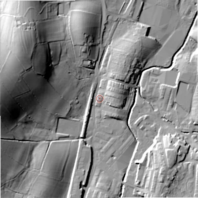 Shaded relief map of the ground around BB186QB, computed from Environment Agency LiDAR. The ground here sits at about 134 m above sea level and falls 40 m across the surrounding 800 m. Surface water reaching this point runs off ground lying to the north-west, 35.5 m higher.