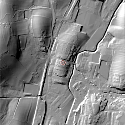 Shaded relief map of the ground around BB186QF, computed from Environment Agency LiDAR. The ground here sits at about 140 m above sea level and falls 41 m across the surrounding 800 m. Surface water reaching this point runs off ground lying to the north-north-east, 2.8 m higher.