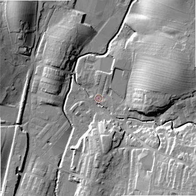 Shaded relief map of the ground around BB186QL, computed from Environment Agency LiDAR. The ground here sits at about 132 m above sea level and falls 29 m across the surrounding 800 m. Surface water reaching this point runs off ground lying to the east-north-east, 16.5 m higher.