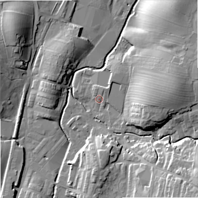 Shaded relief map of the ground around BB186QN, computed from Environment Agency LiDAR. The ground here sits at about 134 m above sea level and falls 30 m across the surrounding 800 m. Surface water reaching this point runs off ground lying to the north-north-east, 3.1 m higher.