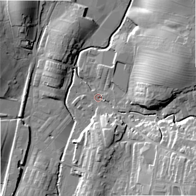 Shaded relief map of the ground around BB186QP, computed from Environment Agency LiDAR. The ground here sits at about 132 m above sea level and falls 29 m across the surrounding 800 m. Surface water reaching this point runs off ground lying to the south-east, 24.8 m higher.