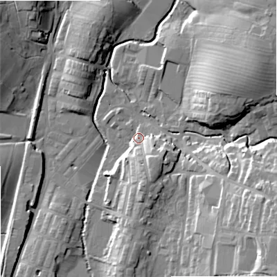 Shaded relief map of the ground around BB186QR, computed from Environment Agency LiDAR. The ground here sits at about 135 m above sea level and falls 28 m across the surrounding 800 m. Surface water reaching this point runs off ground lying to the south-south-east, 10.0 m higher.