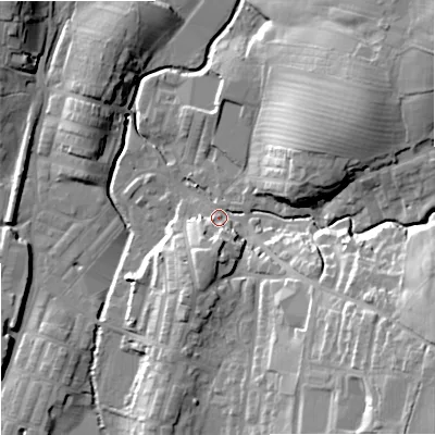 Shaded relief map of the ground around BB186QS, computed from Environment Agency LiDAR. The ground here sits at about 135 m above sea level and falls 30 m across the surrounding 800 m. Surface water reaching this point runs off ground lying to the east-south-east, 25.9 m higher.