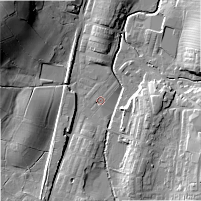Shaded relief map of the ground around BB186QT, computed from Environment Agency LiDAR. The ground here sits at about 132 m above sea level and falls 39 m across the surrounding 800 m. Surface water reaching this point runs off ground lying to the north-west, 37.0 m higher.