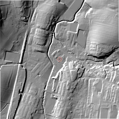 Shaded relief map of the ground around BB186QU, computed from Environment Agency LiDAR. The ground here sits at about 133 m above sea level and falls 27 m across the surrounding 800 m. Surface water reaching this point runs off ground lying to the south-south-east, 8.9 m higher.