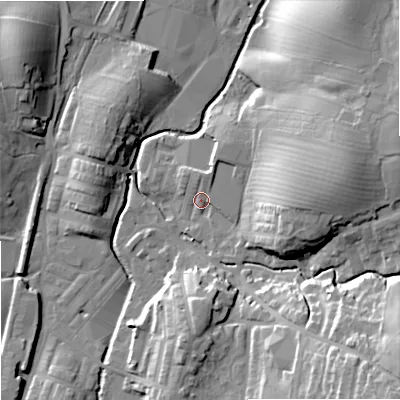 Shaded relief map of the ground around BB186QW, computed from Environment Agency LiDAR. The ground here sits at about 134 m above sea level and falls 30 m across the surrounding 800 m. Surface water reaching this point runs off ground lying to the east, 16.0 m higher.