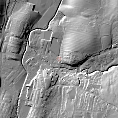 Shaded relief map of the ground around BB186QX, computed from Environment Agency LiDAR. The ground here sits at about 135 m above sea level and falls 34 m across the surrounding 800 m. Surface water reaching this point runs off ground lying to the east-north-east, 15.0 m higher.