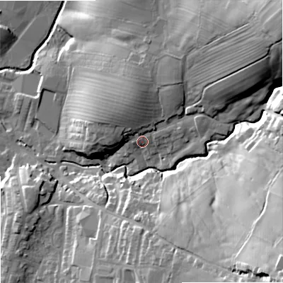 Shaded relief map of the ground around BB186RD, computed from Environment Agency LiDAR. The ground here sits at about 142 m above sea level and falls 53 m across the surrounding 800 m. Surface water reaching this point runs off ground lying to the north, 7.4 m higher.