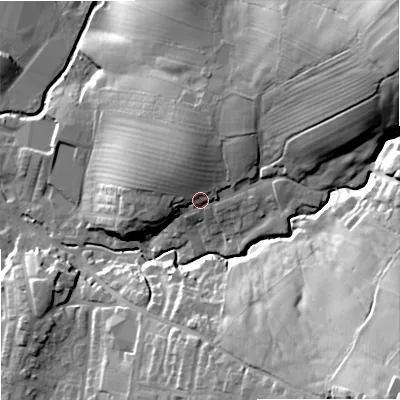 Shaded relief map of the ground around BB186RJ, computed from Environment Agency LiDAR. The ground here sits at about 143 m above sea level and falls 52 m across the surrounding 800 m. Surface water reaching this point runs off ground lying to the north-north-west, 7.2 m higher.
