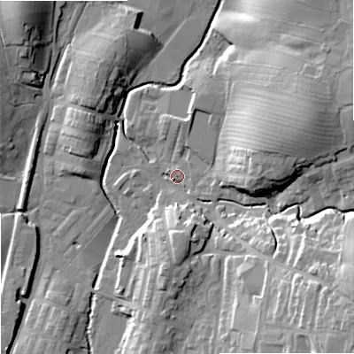 Shaded relief map of the ground around BB186SF, computed from Environment Agency LiDAR. The ground here sits at about 133 m above sea level and falls 30 m across the surrounding 800 m. Surface water reaching this point runs off ground lying to the south-east, 25.4 m higher.