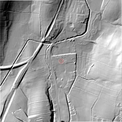 Shaded relief map of the ground around BB186SH, computed from Environment Agency LiDAR. The ground here sits at about 141 m above sea level and falls 32 m across the surrounding 800 m. Surface water reaching this point runs off ground lying to the south-south-east, 9.7 m higher.