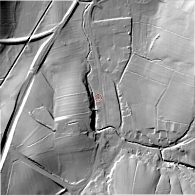 Shaded relief map of the ground around BB186SN, computed from Environment Agency LiDAR. The ground here sits at about 144 m above sea level and falls 26 m across the surrounding 800 m. Surface water reaching this point runs off ground lying to the south-south-east, 19.2 m higher.