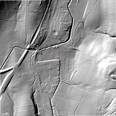 Shaded relief map of the ground around BB186SW, computed from Environment Agency LiDAR. The ground here sits at about 139 m above sea level and falls 45 m across the surrounding 800 m. Surface water reaching this point runs off ground lying to the east-south-east, 41.6 m higher.