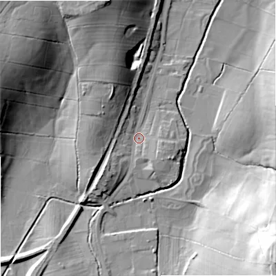 Shaded relief map of the ground around BB186SY, computed from Environment Agency LiDAR. The ground here sits at about 138 m above sea level and falls 42 m across the surrounding 800 m. Surface water reaching this point runs off ground lying to the south-west, 7.0 m higher.
