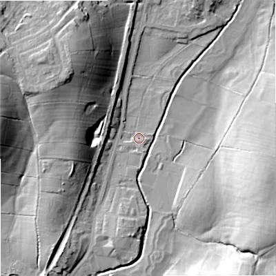 Shaded relief map of the ground around BB186TA, computed from Environment Agency LiDAR. The ground here sits at about 135 m above sea level and falls 28 m across the surrounding 800 m. Surface water reaching this point runs off ground lying to the south-west, 10.9 m higher.