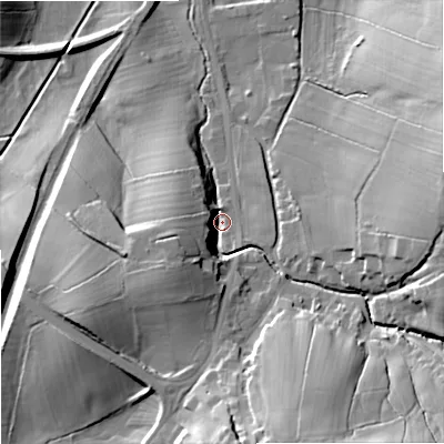 Shaded relief map of the ground around BB186TE, computed from Environment Agency LiDAR. The ground here sits at about 145 m above sea level and falls 31 m across the surrounding 800 m. Surface water reaching this point runs off ground lying to the south-south-east, 23.8 m higher.