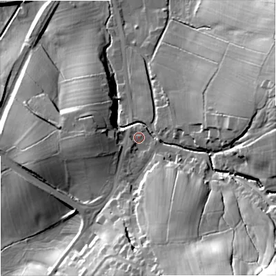 Shaded relief map of the ground around BB186TH, computed from Environment Agency LiDAR. The ground here sits at about 149 m above sea level and falls 45 m across the surrounding 800 m. Surface water reaching this point runs off ground lying to the south-south-east, 26.2 m higher.