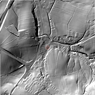 Shaded relief map of the ground around BB186TJ, computed from Environment Agency LiDAR. The ground here sits at about 150 m above sea level and falls 58 m across the surrounding 800 m. Surface water reaching this point runs off ground lying to the south-south-east, 29.6 m higher.