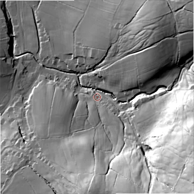 Shaded relief map of the ground around BB186TL, computed from Environment Agency LiDAR. The ground here sits at about 156 m above sea level and falls 89 m across the surrounding 800 m. Surface water reaching this point runs off ground lying to the south-east, 80.5 m higher.