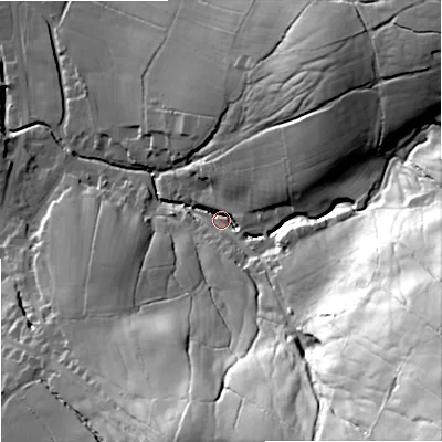 Shaded relief map of the ground around BB186TN, computed from Environment Agency LiDAR. The ground here sits at about 154 m above sea level and falls 97 m across the surrounding 800 m. Surface water reaching this point runs off ground lying to the south-east, 88.5 m higher.