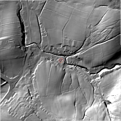 Shaded relief map of the ground around BB186TR, computed from Environment Agency LiDAR. The ground here sits at about 151 m above sea level and falls 68 m across the surrounding 800 m. Surface water reaching this point runs off ground lying to the south-south-west, 11.2 m higher.