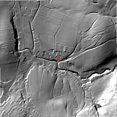 Shaded relief map of the ground around BB186TS, computed from Environment Agency LiDAR. The ground here sits at about 153 m above sea level and falls 73 m across the surrounding 800 m. Surface water reaching this point runs off ground lying to the east-north-east, 33.1 m higher.