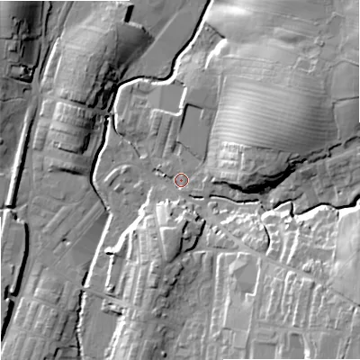Shaded relief map of the ground around BB186TW, computed from Environment Agency LiDAR. The ground here sits at about 133 m above sea level and falls 31 m across the surrounding 800 m. Surface water reaching this point runs off ground lying to the south-east, 26.3 m higher.