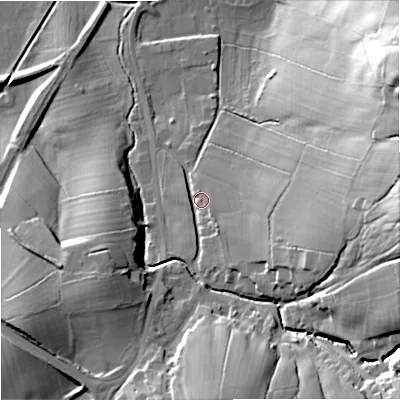Shaded relief map of the ground around BB186UF, computed from Environment Agency LiDAR. The ground here sits at about 146 m above sea level and falls 39 m across the surrounding 800 m. Surface water reaching this point runs off ground lying to the east, 28.8 m higher.