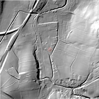 Shaded relief map of the ground around BB186UJ, computed from Environment Agency LiDAR. The ground here sits at about 143 m above sea level and falls 38 m across the surrounding 800 m. Surface water reaching this point runs off ground lying to the south-south-east, 1.3 m higher.