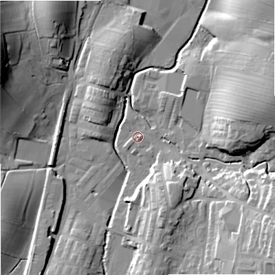 Shaded relief map of the ground around BB186UL, computed from Environment Agency LiDAR. The ground here sits at about 133 m above sea level and falls 28 m across the surrounding 800 m. Surface water reaching this point runs off ground lying to the south-east, 22.0 m higher.