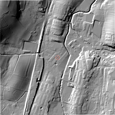 Shaded relief map of the ground around BB186UN, computed from Environment Agency LiDAR. The ground here sits at about 132 m above sea level and falls 40 m across the surrounding 800 m. Surface water reaching this point runs off ground lying to the north-west, 37.7 m higher.