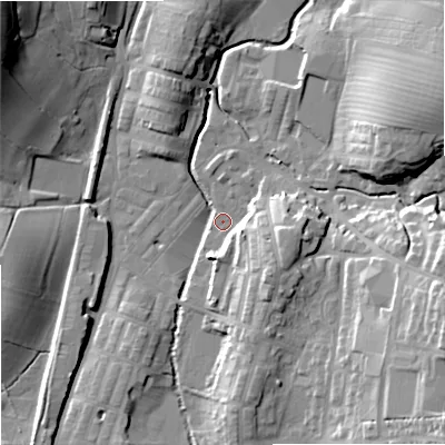 Shaded relief map of the ground around BB186UQ, computed from Environment Agency LiDAR. The ground here sits at about 133 m above sea level and falls 29 m across the surrounding 800 m. Surface water reaching this point runs off ground lying to the south-east, 13.5 m higher.