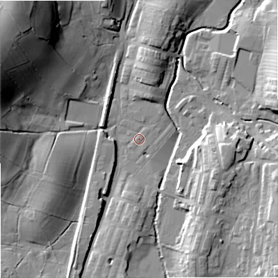 Shaded relief map of the ground around BB186UR, computed from Environment Agency LiDAR. The ground here sits at about 132 m above sea level and falls 40 m across the surrounding 800 m. Surface water reaching this point runs off ground lying to the north-west, 36.3 m higher.