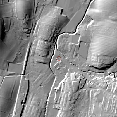Shaded relief map of the ground around BB186US, computed from Environment Agency LiDAR. The ground here sits at about 132 m above sea level and falls 29 m across the surrounding 800 m. Surface water reaching this point runs off ground lying to the south-east, 21.8 m higher.