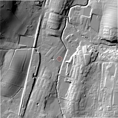 Shaded relief map of the ground around BB186UX, computed from Environment Agency LiDAR. The ground here sits at about 132 m above sea level and falls 37 m across the surrounding 800 m. Surface water reaching this point runs off ground lying to the east-south-east, 13.6 m higher.