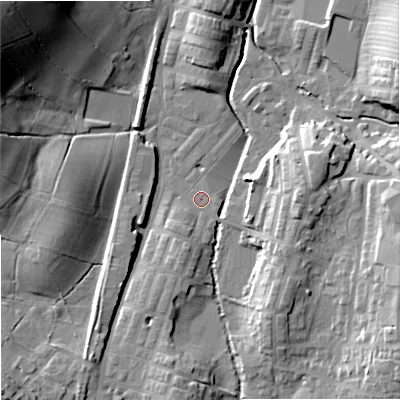 Shaded relief map of the ground around BB186UY, computed from Environment Agency LiDAR. The ground here sits at about 133 m above sea level and falls 35 m across the surrounding 800 m. Surface water reaching this point runs off ground lying to the south-south-west, 3.9 m higher.